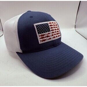 Columbia Hat Baseball Cap Fish Flag FlexFit Size L/XL Blue White Mesh Back